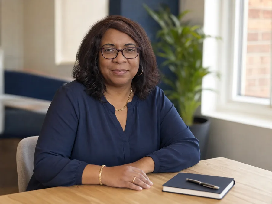 AI-assisted portrait of Sandy Tomlinson seated at a table
